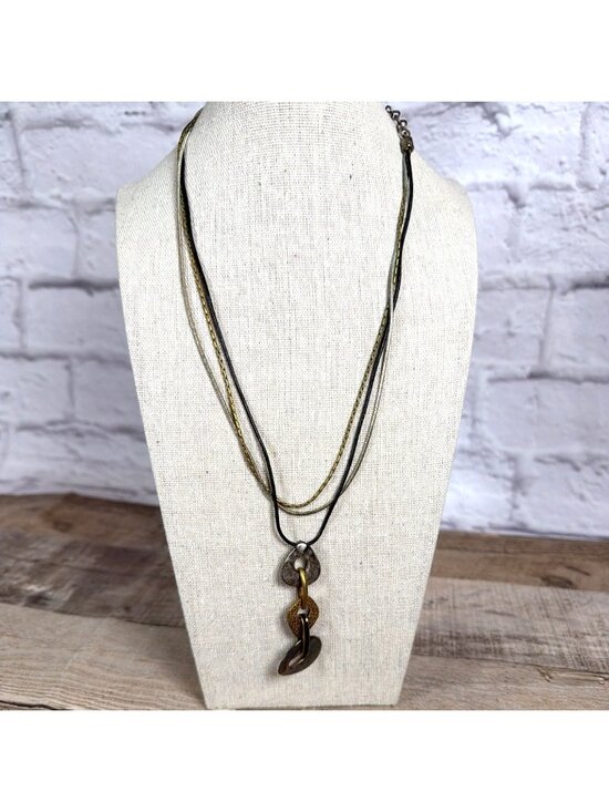 Chico's Jewelry - VTG Chicos Brutalist Metal Adjustable 3 Cord Necklace Gold Silver Boho Pendant